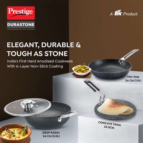 Prestige Durastone Hard Anodised Non-Stick Cookware Set - Fry Pan -24cm/1.9L, Concave Tawa - 24.5cm, Deep Kadai - 24cm/ 3.0L
