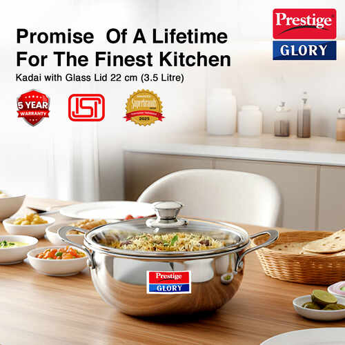 Prestige Glory Stainless Steel Cookware Kadai 22 Cm / 3.5 L With Glass Lid