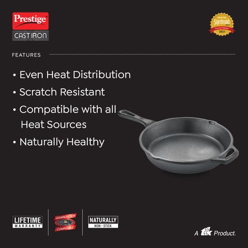 Prestige Cast Iron Scratch Resistant Round Base Fry Pan, (Black)