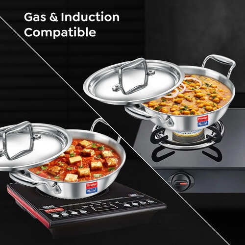 Prestige 32cm/6.0L Tri-Ply Stainless Steel Splendid Kadai with Lid|Gas and Induction Compatible|Even Heat Distribution| Thick Gauge Tri-Ply Body| Perma Cool Handles|15 Year Warranty