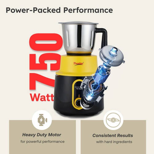 Prestige 750 Watts Delight Plus Mixer Grinder with 4 Jars (3 Stainless Steel Jars + 1 Juicer Jar)| Sturdy Handles| Superior-Grade ABS Body| Yellow and Black