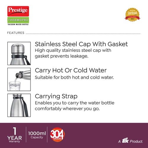 Prestige Thermopro PWSL Stainless Steel Vacuum Water Bottle, 1.0L (Silver)