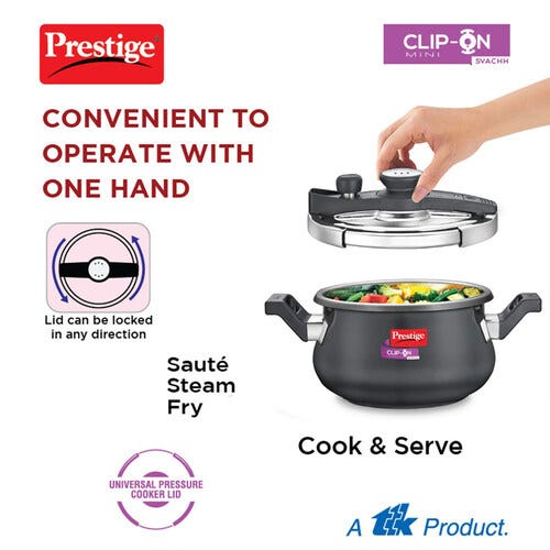 Prestige Clip-on Mini Svachh Hard Anodised Spillage Control Pressure Cooker with Glass Lid (Black)