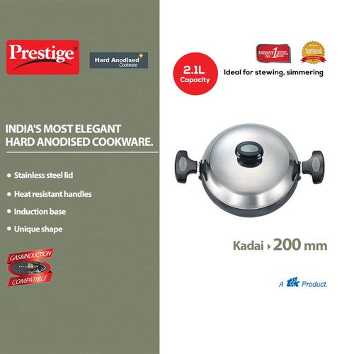 Prestige Hard Anodised Plus Gas and Induction Compatible Kadai with Lid, (Black)
