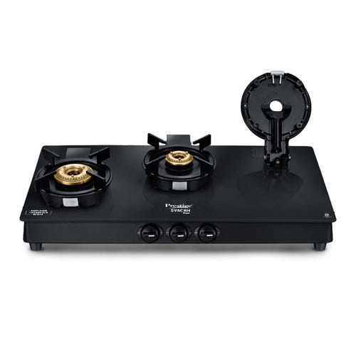 Prestige Svachh Neo 3 Burner Gas Stove | Easy Clean Design-3 Liftable Burners | Toughened Glass Top | Tri-Pin Brass Burners | 1 Jumbo Burner | Ergonomic Knob | Black | 5Y Glass Warranty |ISI Certified