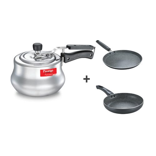 Prestige Kitchen Starter Alu Combi Pack. Nakshatra Plus Svachh Alu Pressure Cooker 3L, Omega Granite Alu Non-Stick Cookware Fry Pan Dia 20cm & Omega Granite Alu Non-Stick Cookware Omni Tawa Dia 25cm