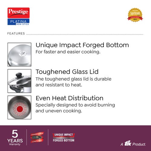 Prestige Platina Non-stick Stainless Steel Unique Impact Forged Bottom Casserole with Glass Lid 18cm (Silver)