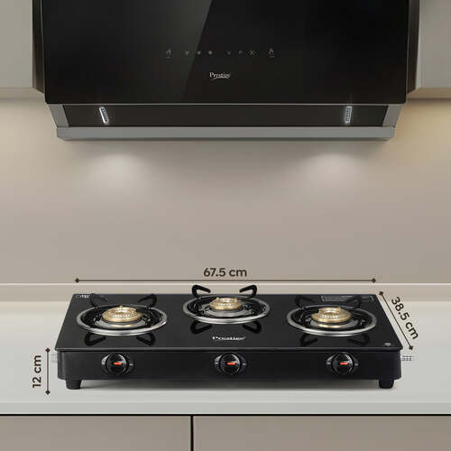PRESTIGE ATLAS PLUS LP GAS STOVE 1 U GTA-03+ (WITH POWDER COATED BODY, GLASS TOP AND 2 U BRASS BURNERS) & L. P. GAS HOSE (WITH STEEL WIRE RE-INFORCED-1.5m)1 U & GAS LIGHTER PGL 03 1 U & KNIFE 1 U FREE