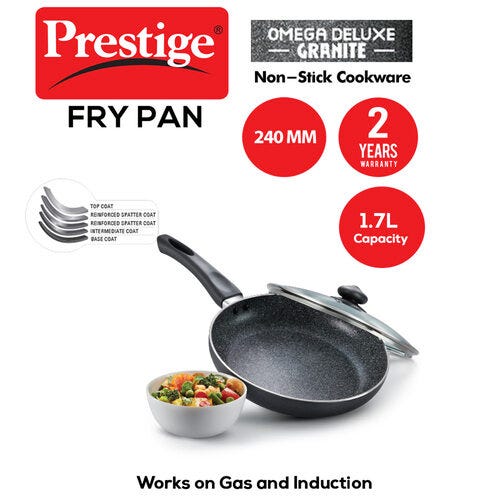 Prestige Omega Deluxe Granite Non-stick Round Base Fry Pan with Glass Lid (Black)
