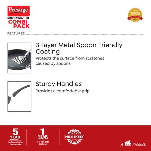 Prestige Kitchen Starter Pack (Popular Svachh 5 Ltr + 3 Ltr Body without Lid + Fry Pan 20Cm + Tawa 27.5Cm)