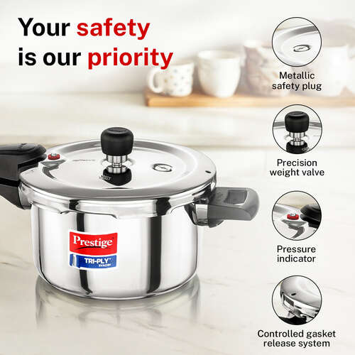 Prestige 3 Litre TRIPLY Svachh Outer Lid Pressure Cooker | Deep Lid for Spillage Control | Gas & Induction Compatible | Gasket Release System | Visual Pressure Indicator | 5Y Warranty | ISI