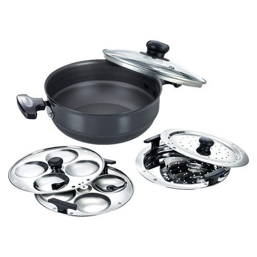 Prestige Hard Anodised Induction Base Multi-Kadai with Glass Lid (Dhokla Plate, Patra Plate, Idli Plates), 22cm (Black)