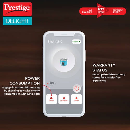 Prestige Delight Smart 1.8-2 Rice Cooker | 1.8L Capacity | Internet Enabled | Cool Touch Handles with 2 Aluminium Cooking Pans | 1-Year Warranty | Blue