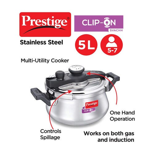 Prestige Clip-on Svachh Stainless Steel Spillage Control Handi Pressure Cooker, 5 L (Silver)