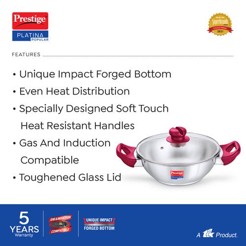 Prestige Platina Popular Stainless Steel Unique Impact Forged Bottom Kadai with Toughened Glass Lid - Silver