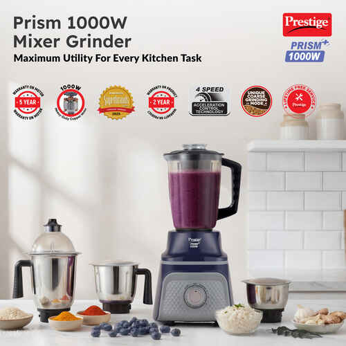 Prestige Prism Plus 1000W Mixer Grinder with 3 Stainless Steel Jars & 1.5L Transparent Juicer Jar – Wet 1.5L, Dry 1.0L, Chutney 450ml | Heavy Duty Motor