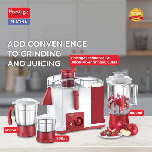 Prestige 550 Watts Platina Juicer Mixer Grinder with 3 Jars (2 Stainless Steel Jars + 1 Juicer Jar)| Detachable Pulp Collector| Stainless Steel Sieve| Double Lock System