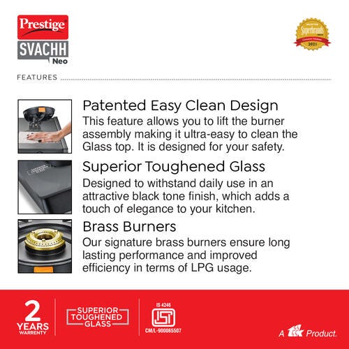 Prestige Svachh Glass Top Gas Stove with Liftable Burners
