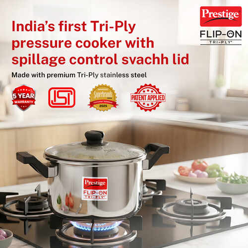 Prestige Flip-On Tri-Ply Stainless Steel Pressure Cooker 5 L 220M With Glass L|D