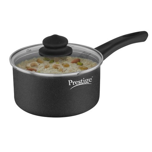 Prestige Omega Deluxe Granite Non-stick Round Base Milk Pan with Glass Lid (Black)