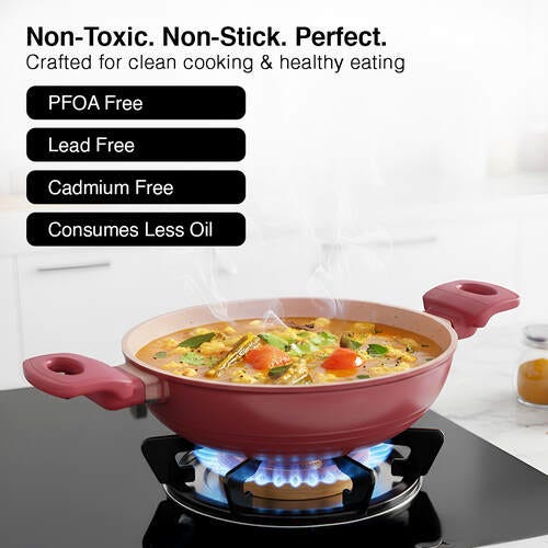 Prestige 24cm/2.4 Litre Omega Die-Cast Non-Stick Kadai with Glass Lid | 3-Layer Coating | Die-Cast Body | Metal Spoon Friendly | Heavy Base | Pink