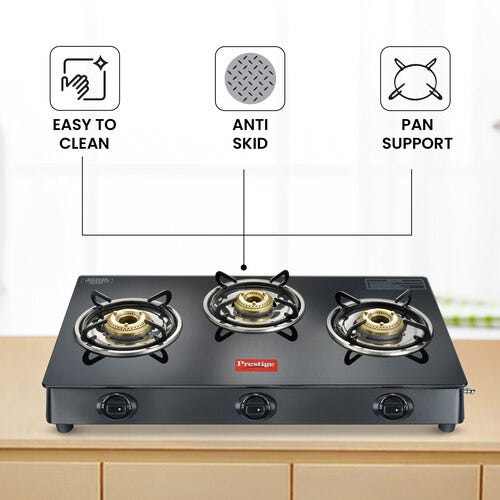 Prestige Iris Plus 3 Burner Auto Ignition Gas Stove | Toughened Glass Top | Tri-Pin Brass Burners | Ergonomic Knob | Black | 2Y Warranty | ISI Certified
