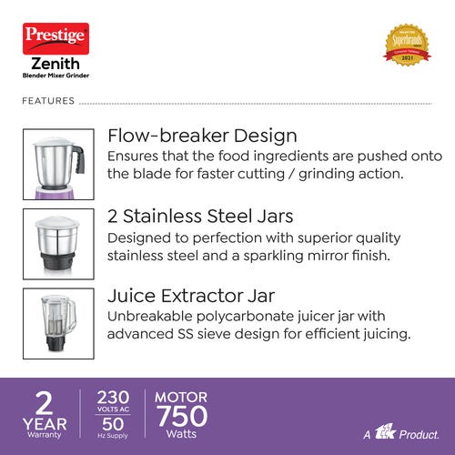 Prestige 750 Watts Zenith Blender Mixer Grinder with 3 Jars (2 Stainless Steel Jars + 1 Jucier Jar)| Flow Breaker Design| Juicer Extractor Jar| Compact Design| Purple
