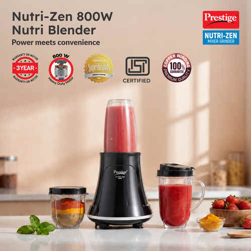 Prestige Nutri-Zen Mixer Grinder with 3 Polycarbonate Jars – Big Jar - 1000ml | Sipper Jar with Handle - 700ml | Small Jar - 700ml |Compact & Powerful Blender for Juices, Shakes & More