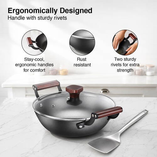 Prestige Lightweight Cast Iron Kadai 20cm/1.4L with Glass Lid | Castlite Series | High Heat Retention & Rust-Proof | Enamel Coated | Gas & Induction Compatible | 15Y Product Warranty