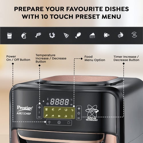 Prestige AirChef 12L Air Fryer Oven | 1800 Watts | 360° Rapid Air Technology | Multi-level Cooking | Rotisserie | 10 Preset Menu | 80% less Oil Consumption | Rose Gold | 1Y Warranty | ISI Certified