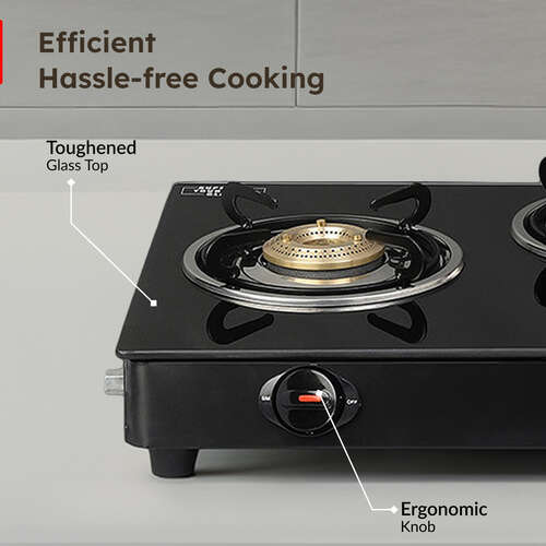 Prestige Iris 3 Burner Gas Stove | Toughened Glass Top | Tri-Pin Brass Burners | Ergonomic Knob | Black | 2Y Warranty | ISI Certified