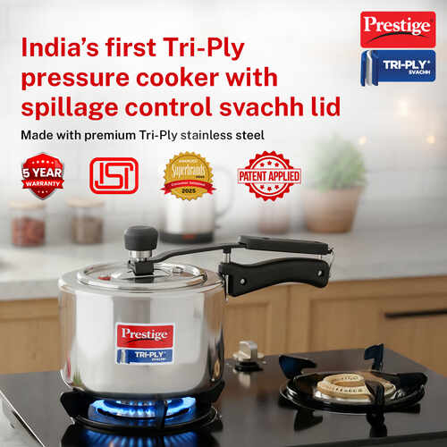 Prestige 2 L Tri-Ply Svachh Inner Lid Pressure Cooker| Gas and Induction Compatible| Spillage Control| Even Heat Distribution| Low Cooking Oil| Faster Cooking| 5 Years Warranty| Silver