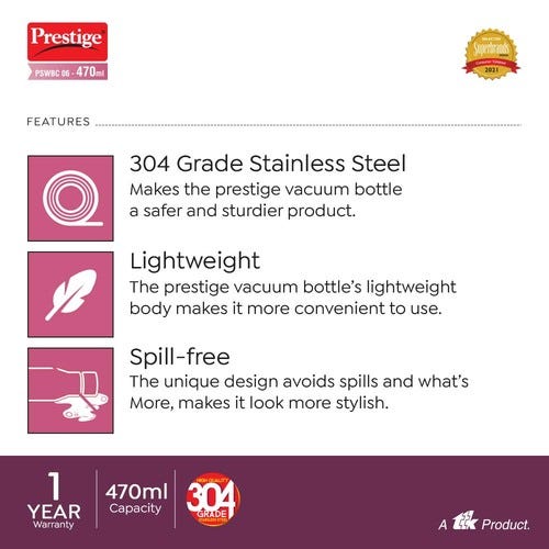 Prestige PSWBC 06 Stainless Steel Vacuum Bottle, 0.47 ml