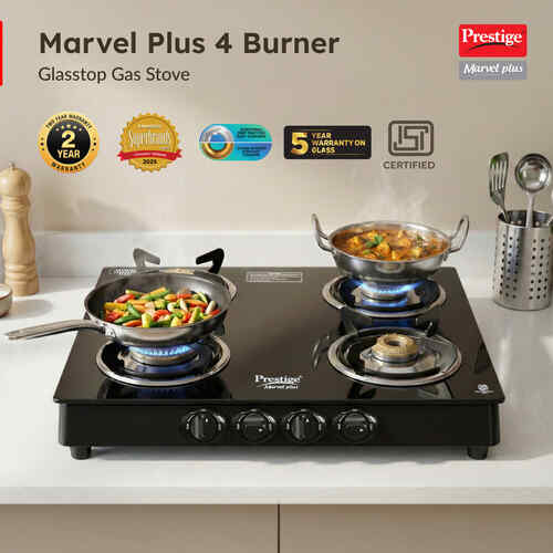 Prestige Marvel Plus Toughened Glass Top Gas Stove (4 Burners) - GTM 04 SQ PLUS