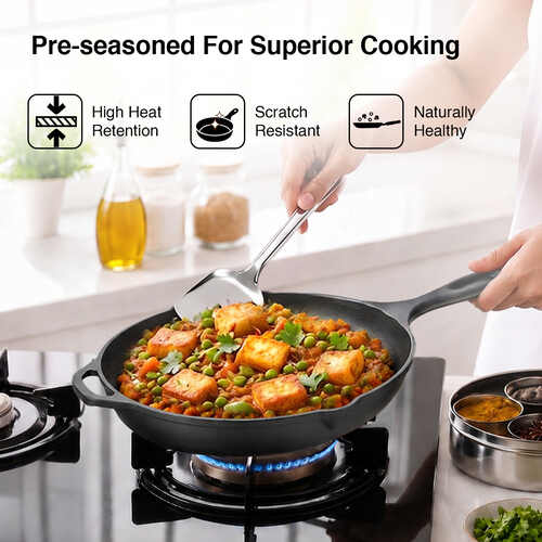 Prestige Cast Iron Fry Pan 24cm/2.6L | Ferrocast Flo | Non-Stick | Chemical Free | Preseasoned | Sturdy Handle | Healthy Eating | Gas & Induction Compatible | Lifetime Warranty