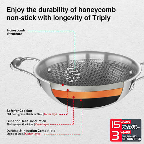 Prestige TRIPLY HexaMagic Kadai 20cm/1.6L | Durable Honeycomb Non-Stick Structure | Low Oil Consumption | Metal Spoon Friendly | Gas & Induction Compatible | 15Y Product & 3Y Coating Warranty| ISI