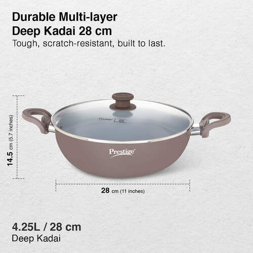 Prestige Ceraglide Duo Ceramic Coating Non Stick Aluminium Cookware Deep Kadai Dia 28 cm (4.25 Litre) with Glass Lid