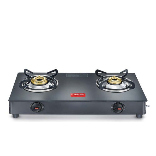 PRESTIGE ATLAS PLUS LP GAS STOVE 1 U GTA-02+ (WITH POWDER COATED BODY, GLASS TOP AND 2 U BRASS BURNERS) & L. P. GAS HOSE (WITH STEEL WIRE RE-INFORCED-1.5m)1 U & GAS LIGHTER PGL 03 1 U & KNIFE 1 U FREE