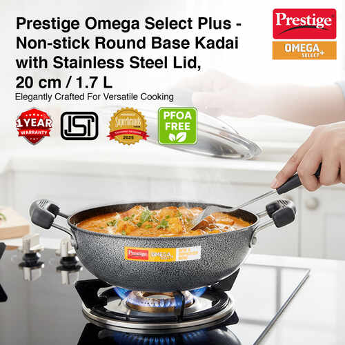 Prestige Omega Select Plus Superior Non-stick Coating Round Base Kadai with Lid (Black)