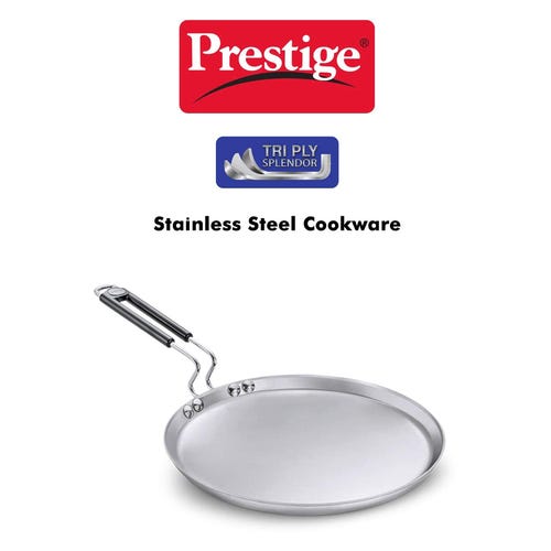 Prestige 25cm Tri-Ply Stainless Steel Splendor Omni Tawa|Gas & Induction Compatible| Even Heat Distribution|Strong and Durable| Perma-Cool Handles| Lifetime Warranty