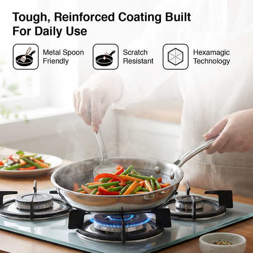Prestige TRIPLY HexaMagic Fry Pan 20cm/1.0L | Durable Honeycomb Non-Stick Structure | Low Oil Consumption | Metal Spoon Friendly | Gas & Induction Compatible | 15Y Product & 3Y Coating Warranty| ISI