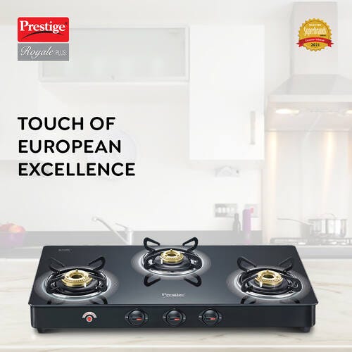 Prestige Royale Plus GT 03L AI Auto Ignition Powder Coated 3 Burners Gas Stove, Black