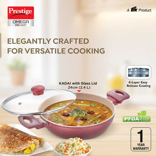 Prestige Omega Die-Cast Non-Stick Kadai with Glass Lid | 3-Layer Coating | Die-Cast Body | Metal Spoon Friendly | Heavy Base