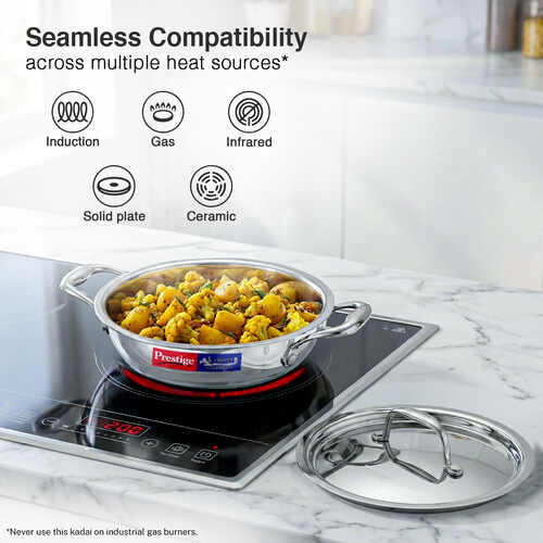 Prestige 20cm/1.6L Tri-Ply Stainless Steel Splendid Kadai with Lid|Gas and Induction Compatible|Even Heat Distribution| Thick Gauge Tri-Ply Body| Perma Cool Handles|15 Year Warranty