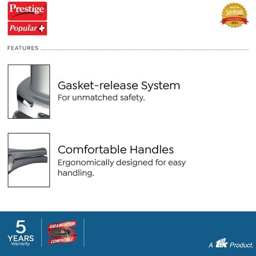 Prestige Popular Plus 3 L, 2 L Outer Lid Induction Bottom Pressure Cooker (Aluminium)