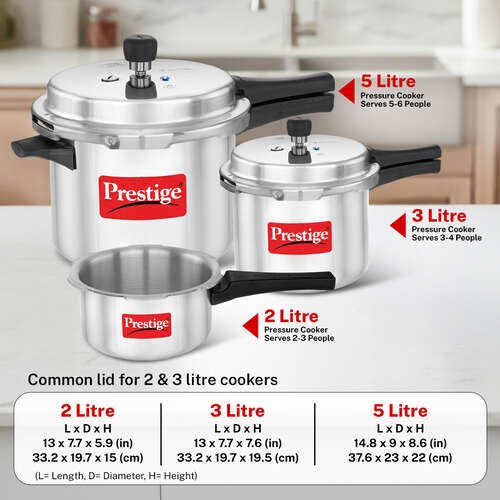 Prestige 2 Litre + 3 Litre + 5 Litre Aluminium Popular Max Outer Lid Pressure Cooker Combo with 2 Lids | Gas & Induction Compatible | Visual Pressure Indicator | Gasket Release Sys | 5Y Warranty | ISI