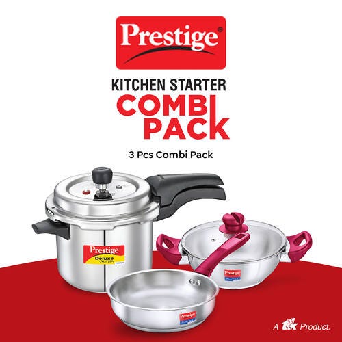 Prestige Deluxe Alpha 3.5 L Pressure Cooker + Platina Popular 22 cm (2.25 L) Kadai with Glass Lid and Platina Popular 22 cm (1.9 L) Fry Pan Kitchen Set
