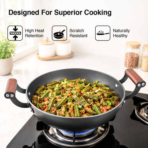 Prestige Lightweight Cast Iron Kadai 24cm/2.4L with Glass Lid | Castlite Series | Durable & Easy to Clean | Enamel Coated | Gas & Induction Compatible | 15Y Product Warranty