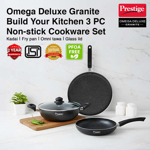 Prestige Omega Deluxe Granite 3 Piece non-stick BYK cookware set (Aluminum)|Contains Fry Pan (24cm), Omni Tawa(28cm), Kadai with lid(24cm)|Black