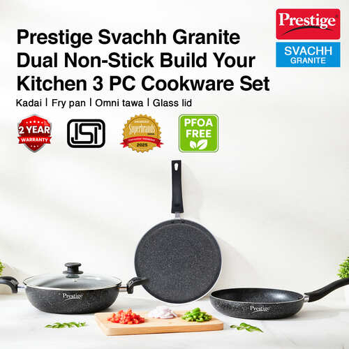 Prestige Svachh Granite Non-Stick 3-Piece Set Cookware |Dual Non-Stick Delight|Omni Tawa -28cm Dia, Kadai with GlassLid -24cm Dia, Fry Pan -24cm Dia|Gas and Induction Compatible|Metal Spoon Friendly